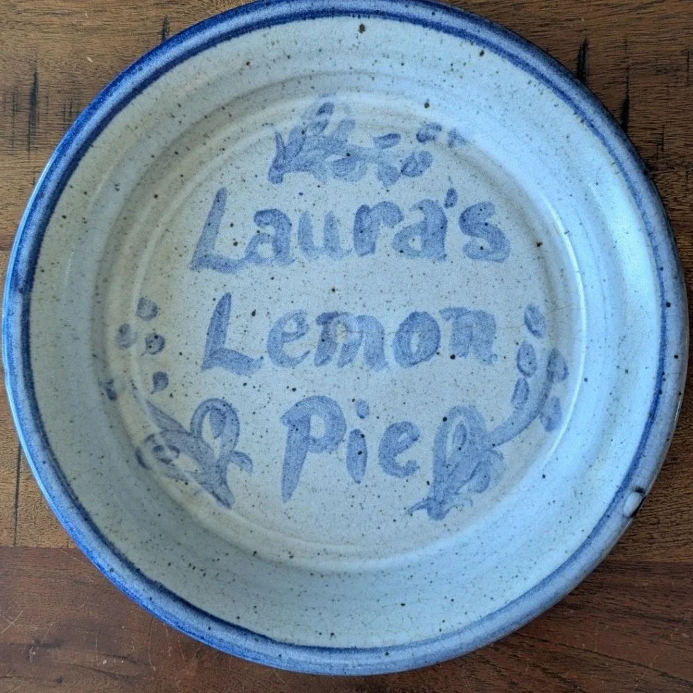 Vtg‎ Delaware Pottery Pie Dish Blue Gray Lauras Lemon Pie Stoneware 9 In Hope NJ